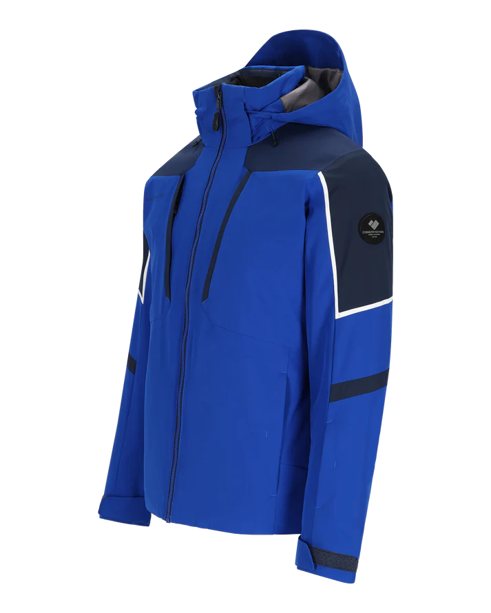 Obermeyer Foundation Insulated Jacket 2025 - A royal blue jacket with a navy shoulder panel and white trim, featuring a zippered front and hood.