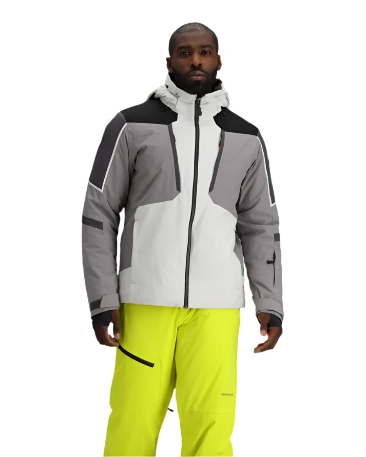 Obermeyer Foundation Insulated Jacket 2025 - A grey, black and white jacket with a high collar and zip closure.
