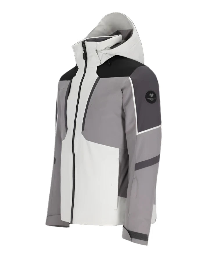 Obermeyer Foundation Insulated Jacket 2025 - A grey, black and white insulated jacket with a hood.