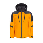 Obermeyer Foundation Insulated Jacket 2025 - A bright orange jacket with a black hood and gray accents on the shoulders, featuring a zipper down the front.