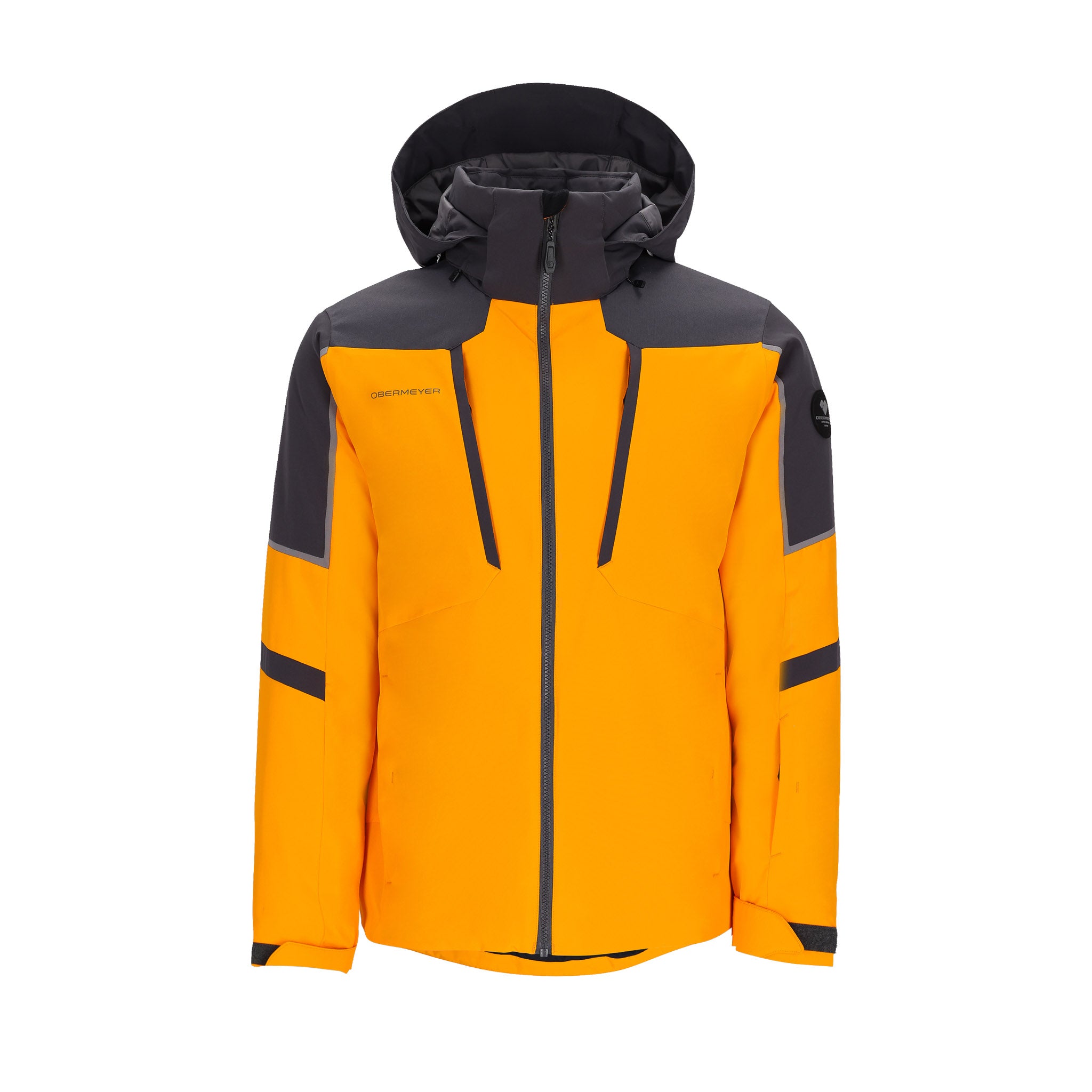 Obermeyer Foundation Insulated Jacket 2025 - A bright orange jacket with a black hood and gray accents on the shoulders, featuring a zipper down the front.