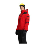 Obermeyer Foundation Insulated Jacket 2025 - A red jacket with black accents and a hood, featuring two zippered pockets on the front.