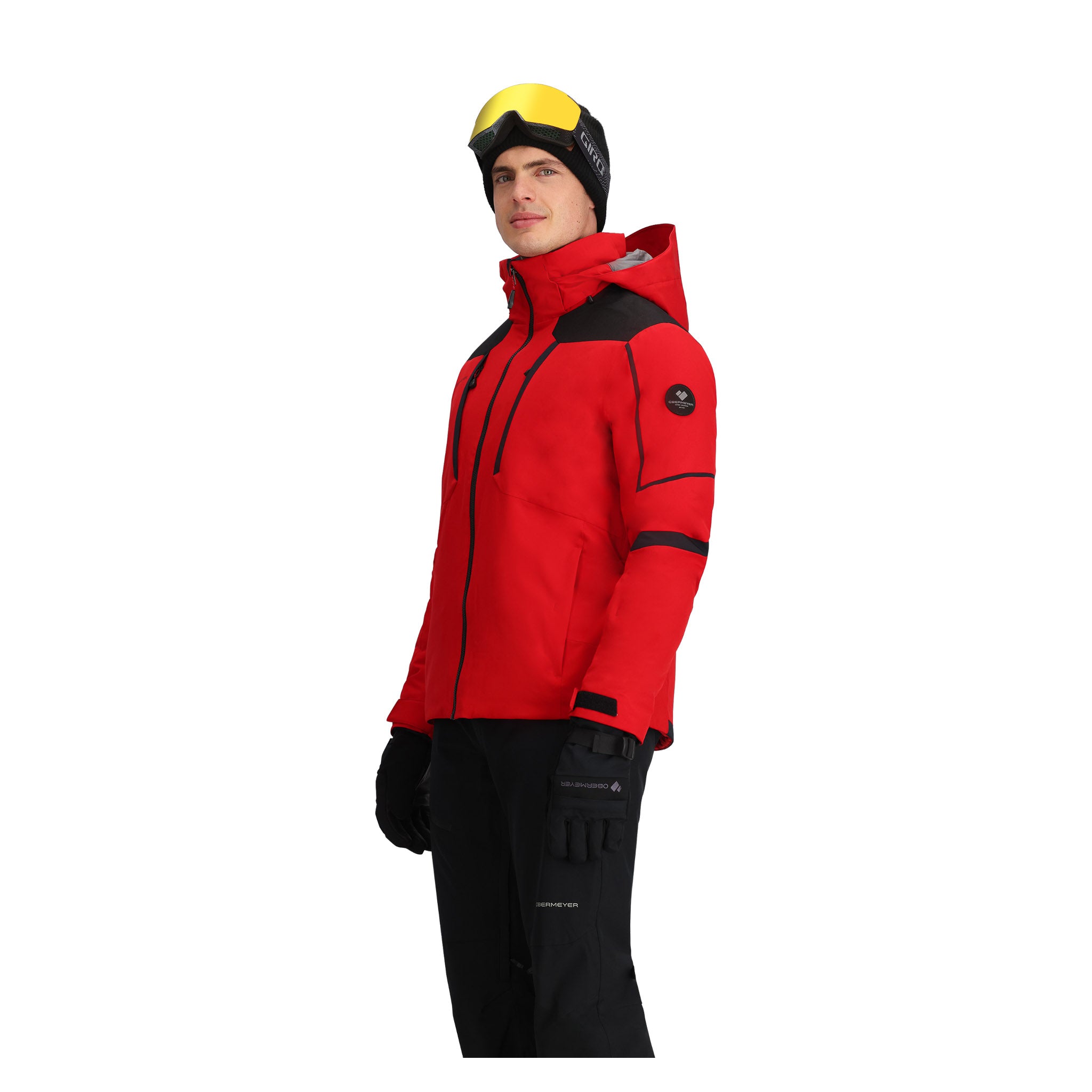 Obermeyer Foundation Insulated Jacket 2025 - A red jacket with black accents and a hood, featuring two zippered pockets on the front.
