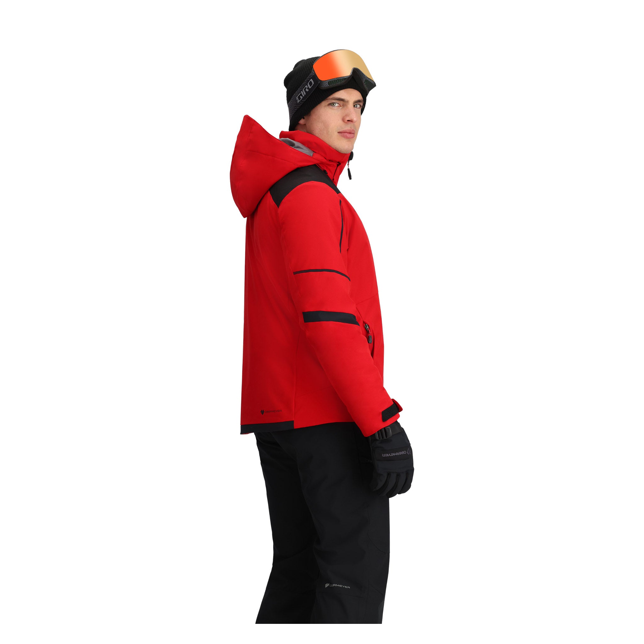 Obermeyer Foundation Insulated Jacket 2025 - A red jacket with black accents and a hood, featuring two zippered pockets on the front.