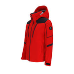 Obermeyer Foundation Insulated Jacket 2025 - A red insulated jacket with a black shoulder panel and zipper, featuring a hood and two zippered pockets on the front.