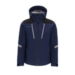 Obermeyer Foundation Insulated Jacket 2025 - A navy blue jacket with a black shoulder panel and gray accents, featuring reflective strips on the sleeves.