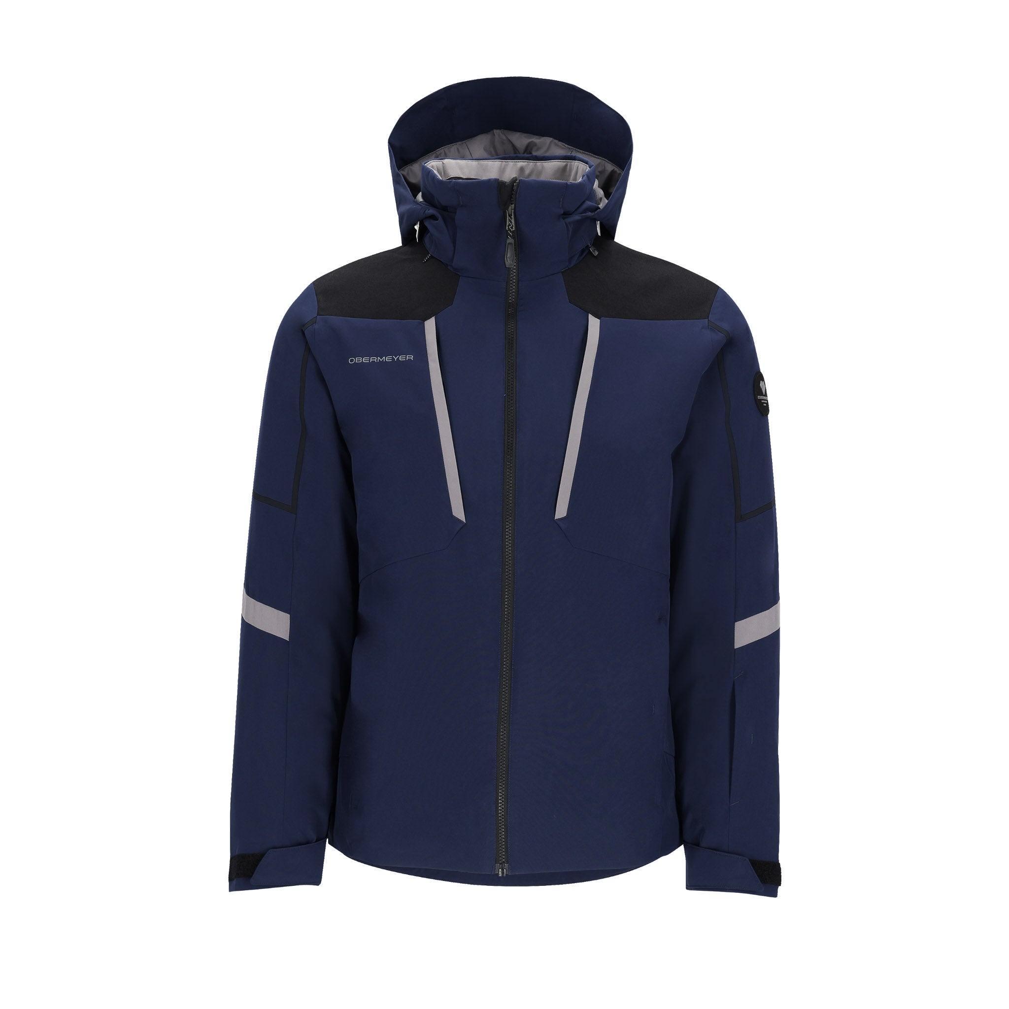 Obermeyer Foundation Insulated Jacket 2025 - A navy blue jacket with a black shoulder panel and gray accents, featuring reflective strips on the sleeves.
