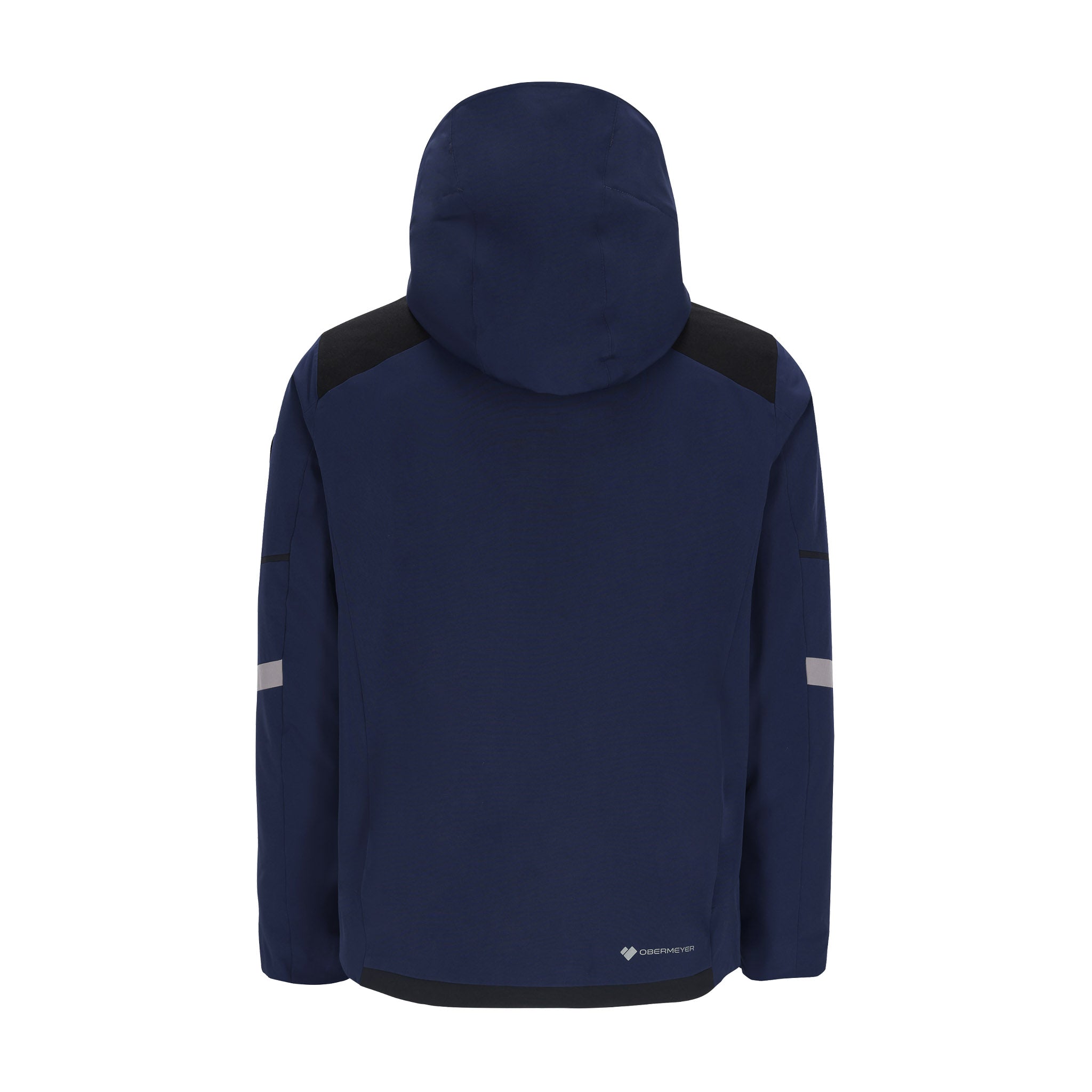 Obermeyer Foundation Insulated Jacket 2025 - A navy blue jacket with a black shoulder panel and reflective strip on the left sleeve.