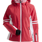 Nils Women's Meribel Insulated Jacket - A coral-colored jacket with white stripes on the sleeves and a black zipper.