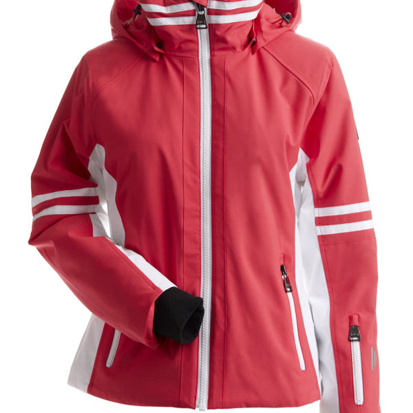 Nils Women's Meribel Insulated Jacket - A coral-colored jacket with white stripes on the sleeves and a black zipper.