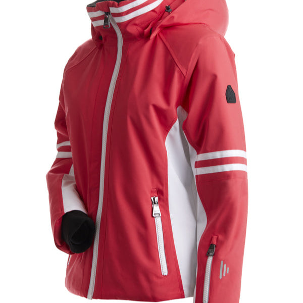 Nils Women's Meribel Insulated Jacket - A coral-colored jacket with white stripes on the hood and a black zipper.