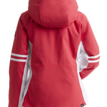 Nils Women's Meribel Insulated Jacket - A coral-colored jacket with a hood, featuring white stripes on the sleeves and black hardware.