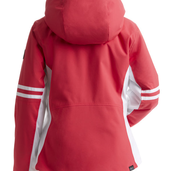 Nils Women's Meribel Insulated Jacket - A coral-colored jacket with a hood, featuring white stripes on the sleeves and black hardware.