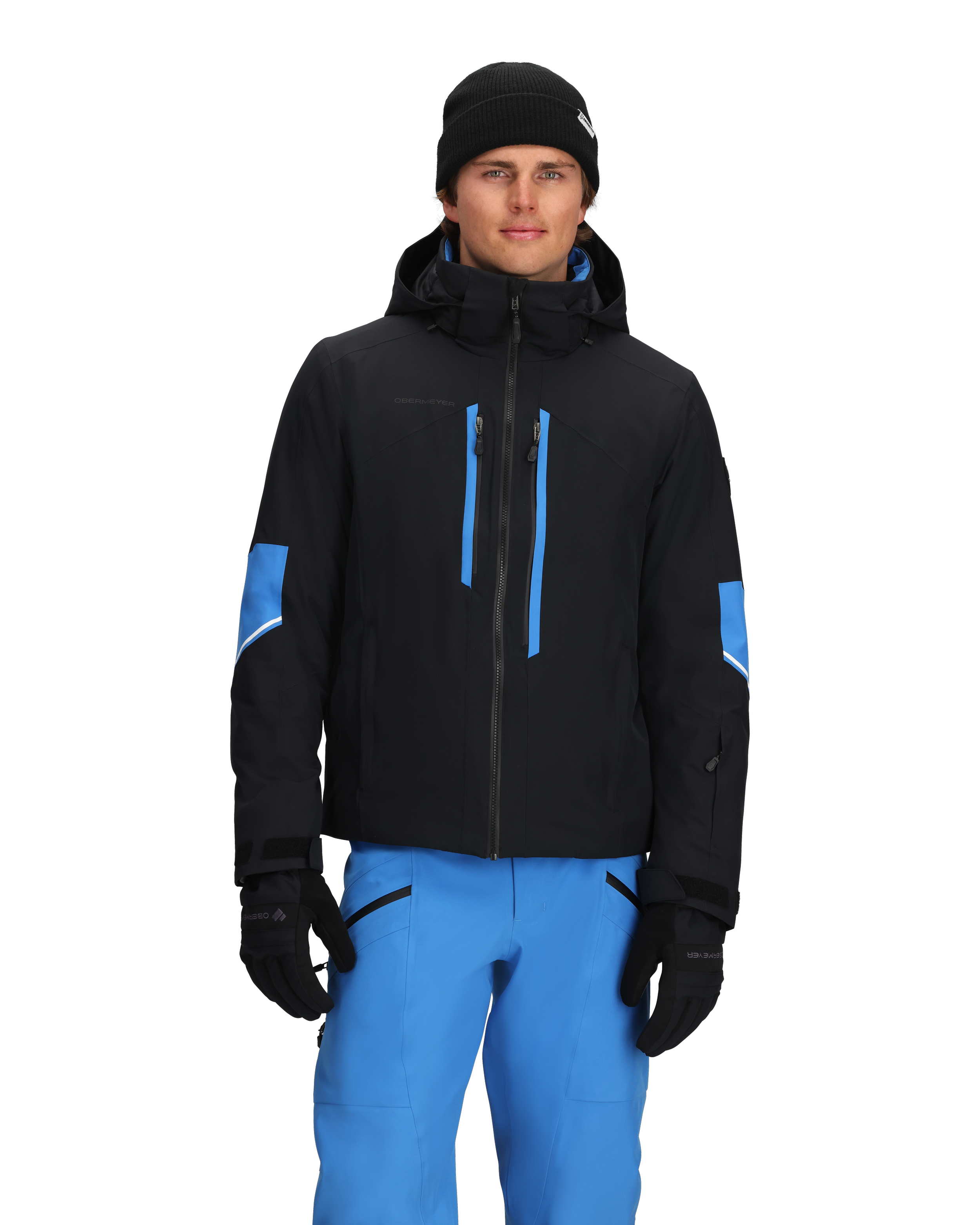 Men's insulated ski jacket, black with blue stripe accents, hooded full-zip front.