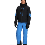 Men's insulated ski jacket in black with blue accents, hooded full-zip and side pockets.
