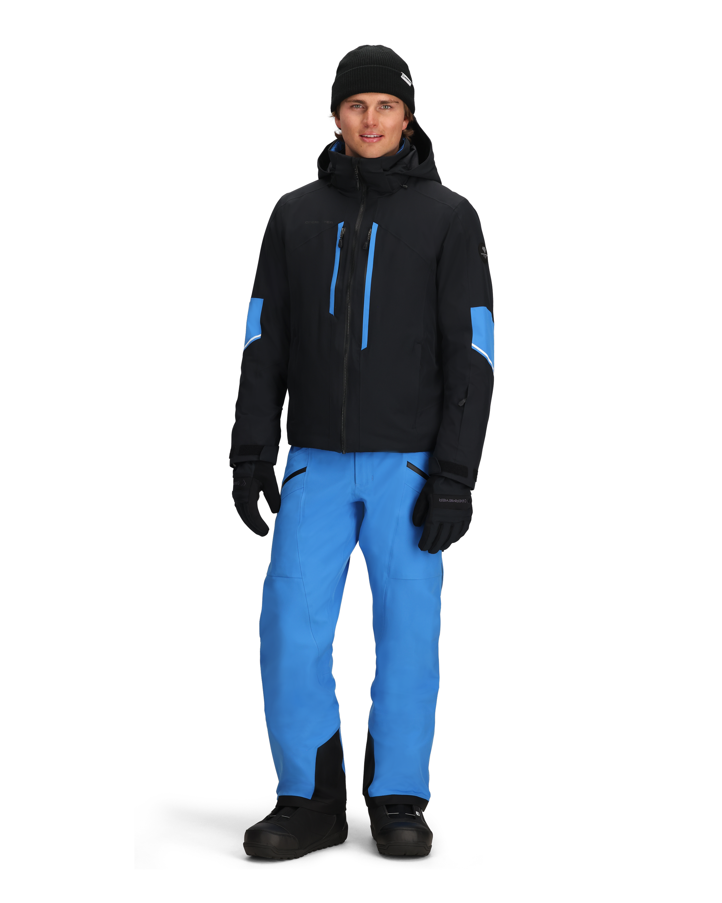 Men's insulated ski jacket in black with blue accents, hooded full-zip and side pockets.