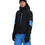 Men's insulated ski jacket, black with blue vertical zipper stripe on the chest.