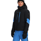 Men's insulated ski jacket, black with blue vertical zipper stripe on the chest.