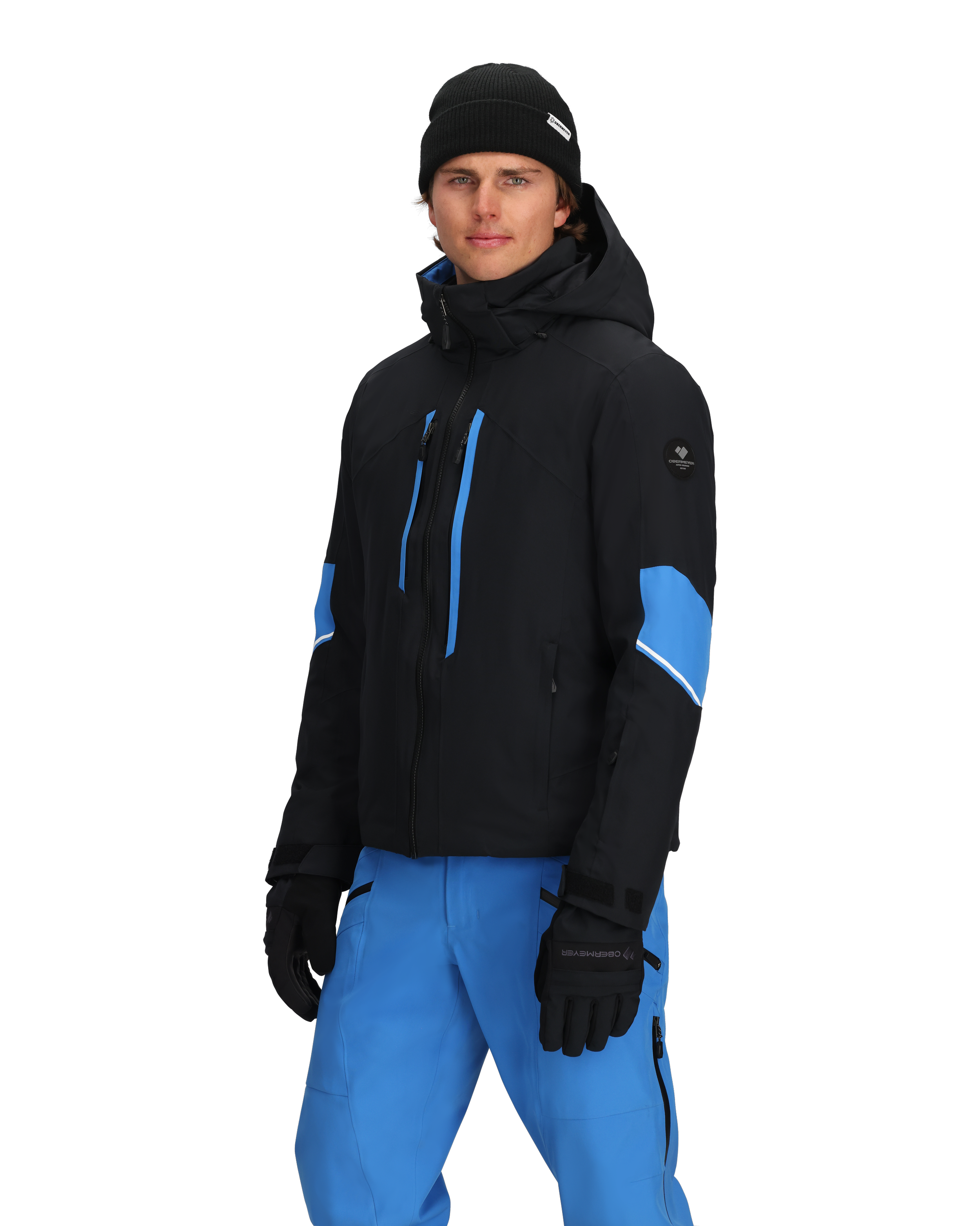Men's insulated ski jacket, black with blue vertical zipper stripe on the chest.