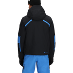 Men's insulated ski jacket, black with blue stripe details, back view with hood.