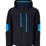 Men's insulated ski jacket front view, black with blue vertical stripes, zip-up hood.