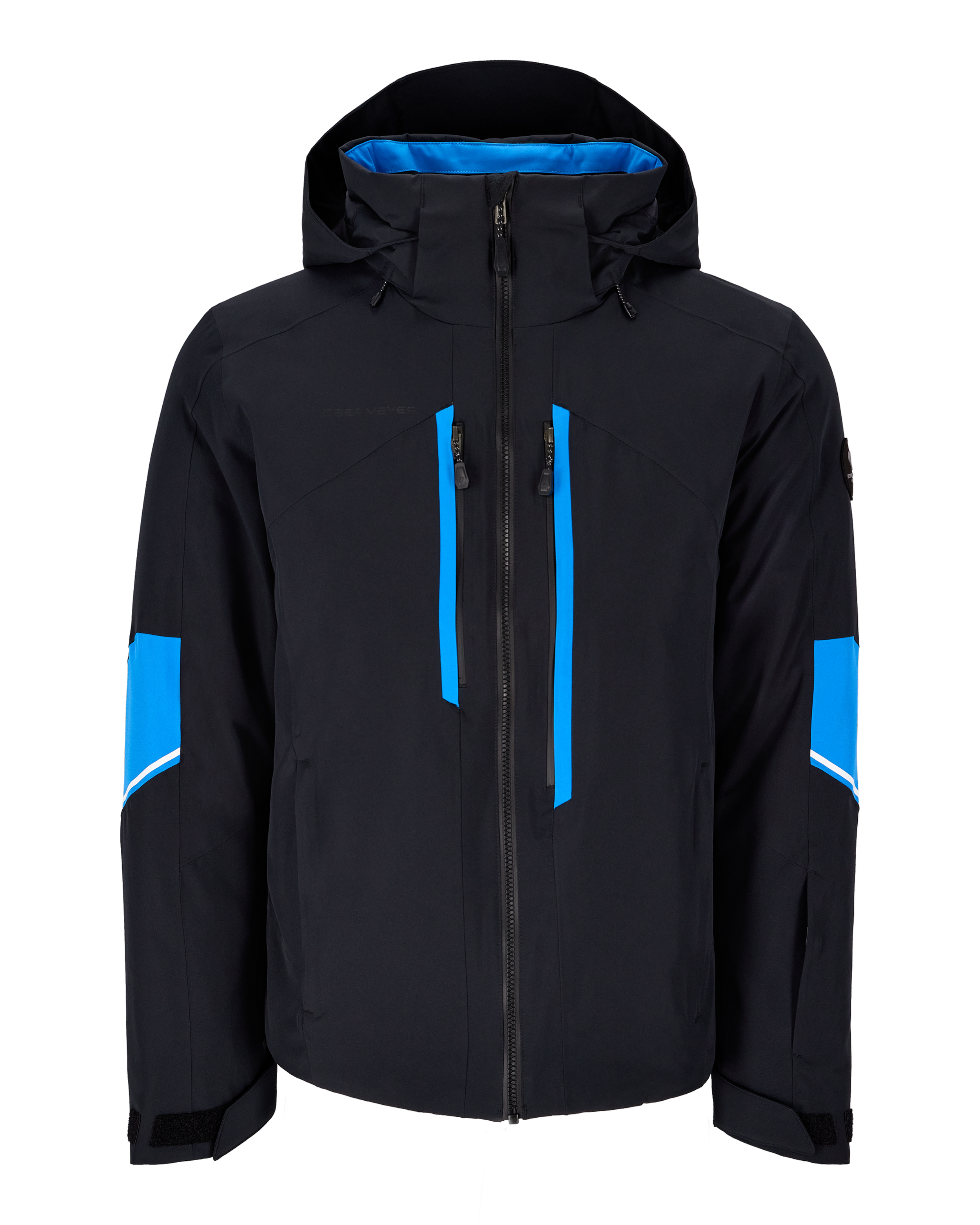 Men's insulated ski jacket front view, black with blue vertical stripes, zip-up hood.