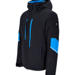 Men's insulated ski jacket, black with blue sleeve panel, angled view of hood and zipper.
