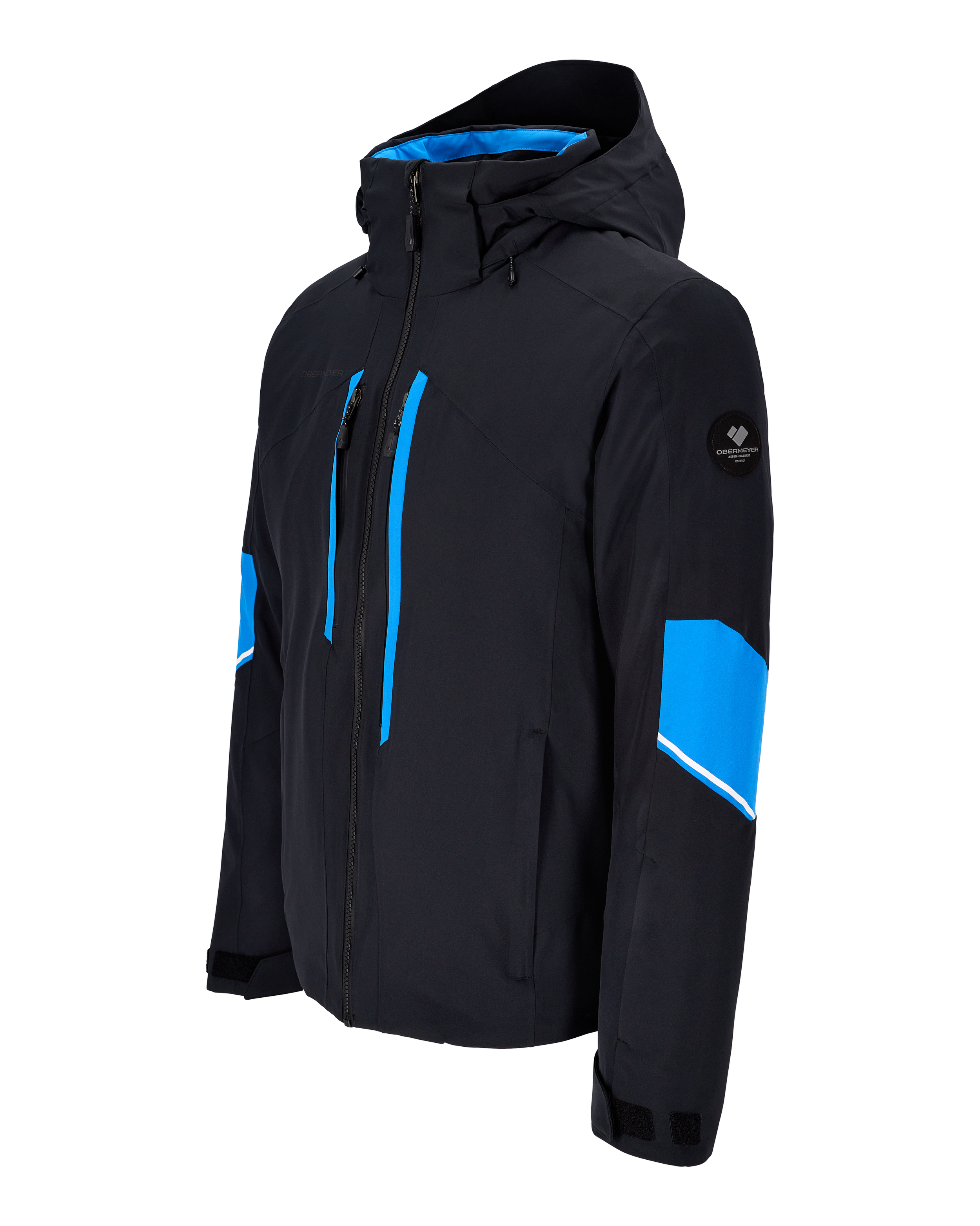 Men's insulated ski jacket, black with blue sleeve panel, angled view of hood and zipper.