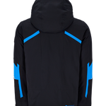 Men's insulated ski jacket back view, black with blue stripe accents and hood.