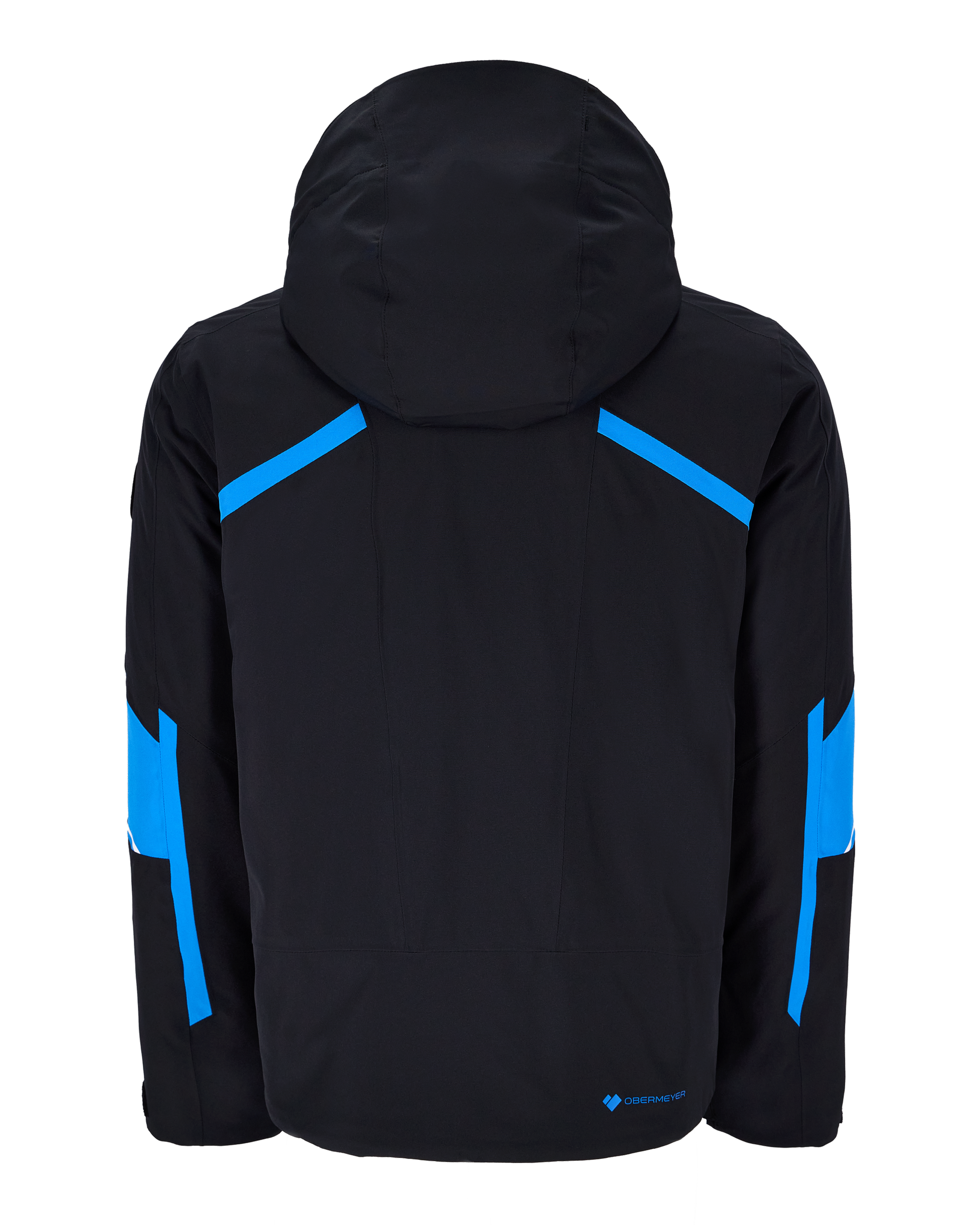 Men's insulated ski jacket back view, black with blue stripe accents and hood.
