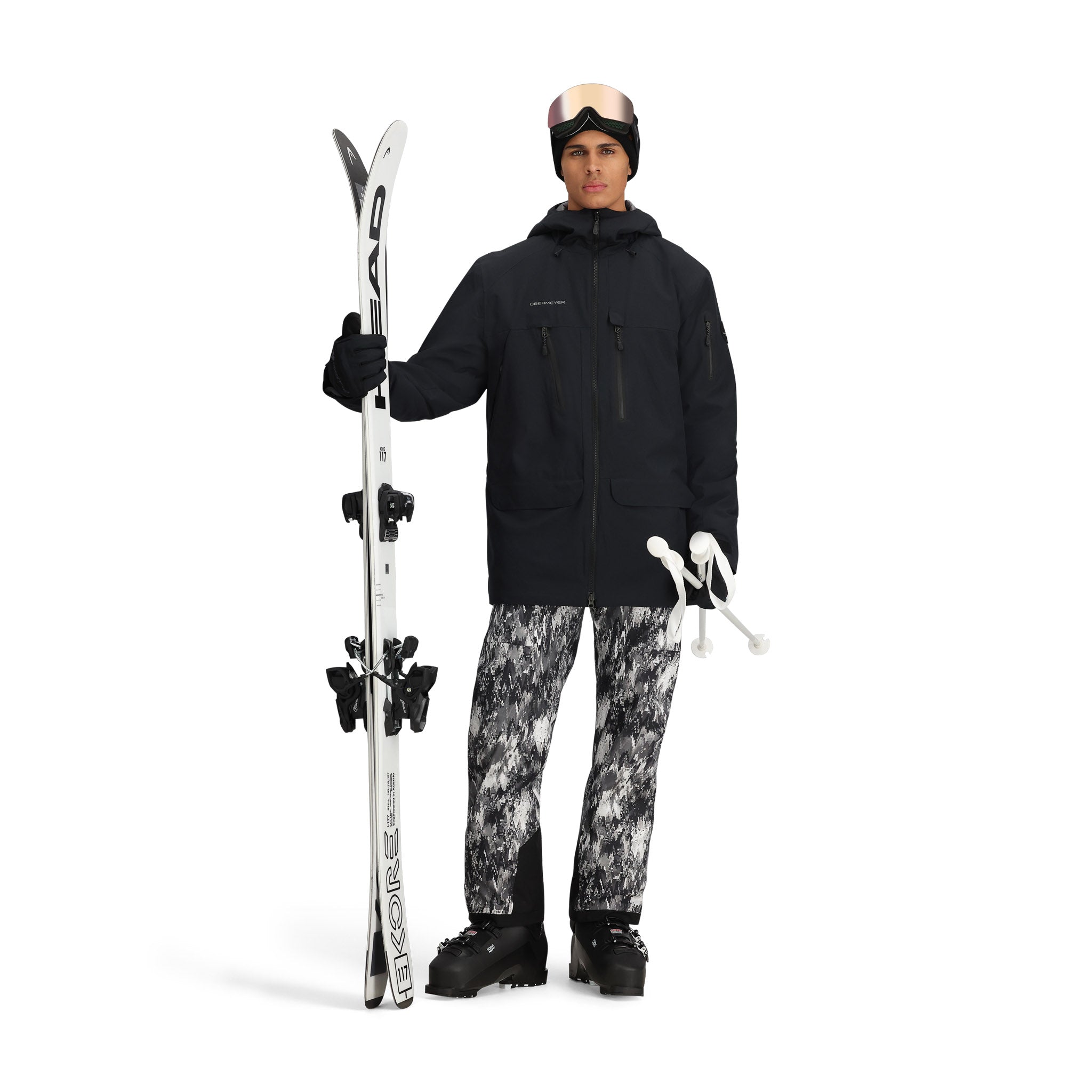 Obermeyer Cirque Jacket 2025 - A black ski jacket with a white logo on the left chest and two zippered pockets on the front.