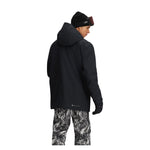 Obermeyer Cirque Jacket 2025 - A black jacket with a hood, featuring a white logo on the left chest and a zippered pocket on the right side.