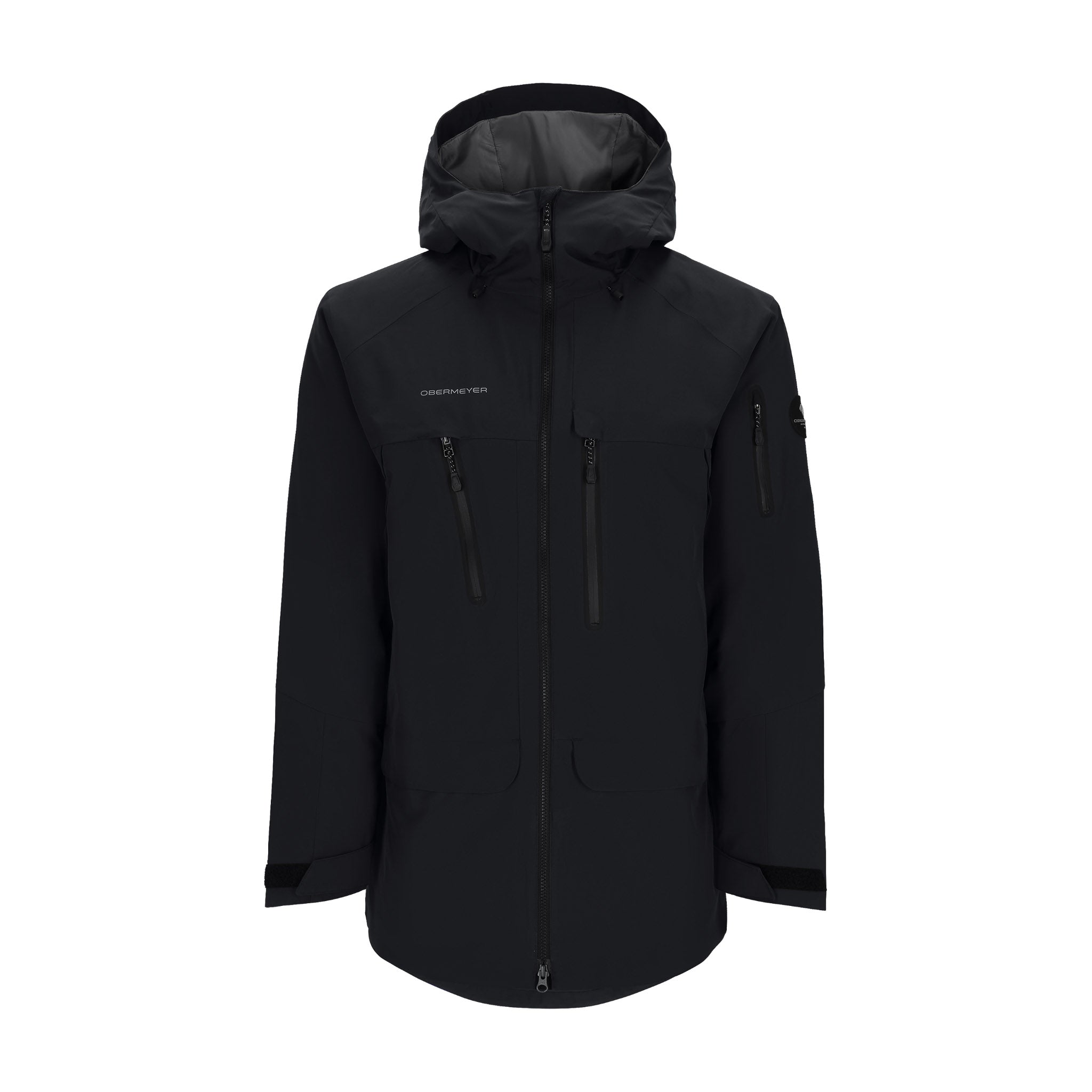 Obermeyer Cirque Jacket 2025 - A black jacket with a hood, featuring two zippered pockets on the chest and a zipper down the front.