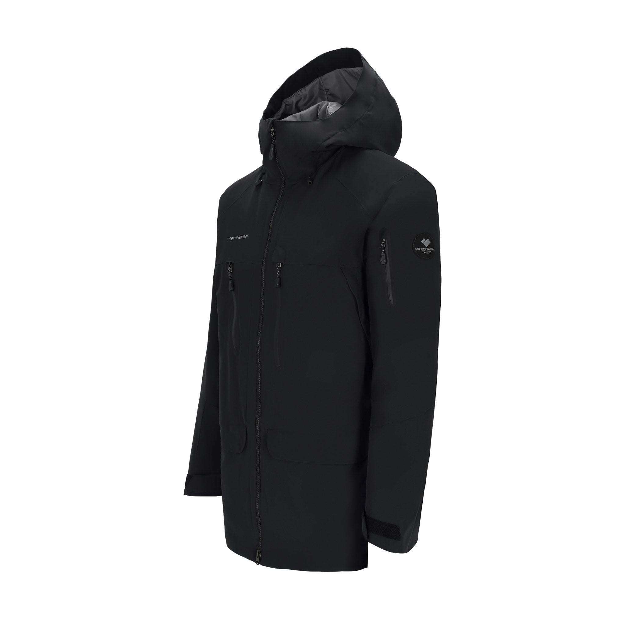 Obermeyer Cirque Jacket 2025 - A black jacket with a hood, featuring two zippered pockets on the front and a zipper running down the middle.