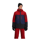 Obermeyer Cirque Jacket 2025 - A red, navy blue, and black jacket with a hood, zippered pockets, and adjustable cuffs.