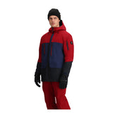 Obermeyer Cirque Jacket 2025 - A red, navy blue and black jacket with a hood, zippered pockets and adjustable cuffs.