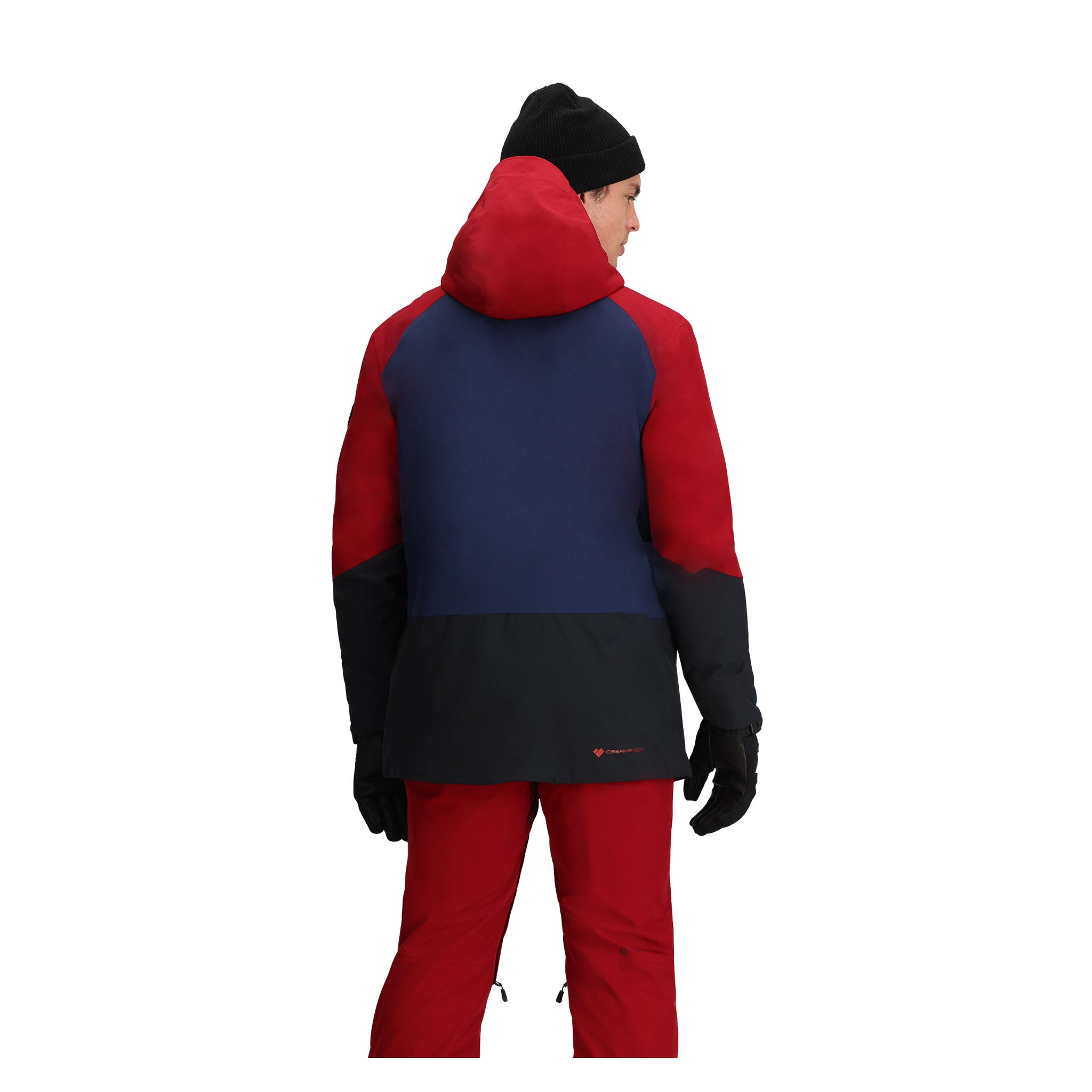 Obermeyer Cirque Jacket 2025 - A navy blue jacket with red and black accents, featuring a hood and zippered pockets.