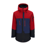 Obermeyer Cirque Jacket 2025 - A red, navy blue and black jacket with a hood, featuring two zippered pockets on the front.