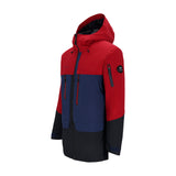 Obermeyer Cirque Jacket 2025 - A red, navy blue and black jacket with a hood, featuring two zippered pockets on the front.