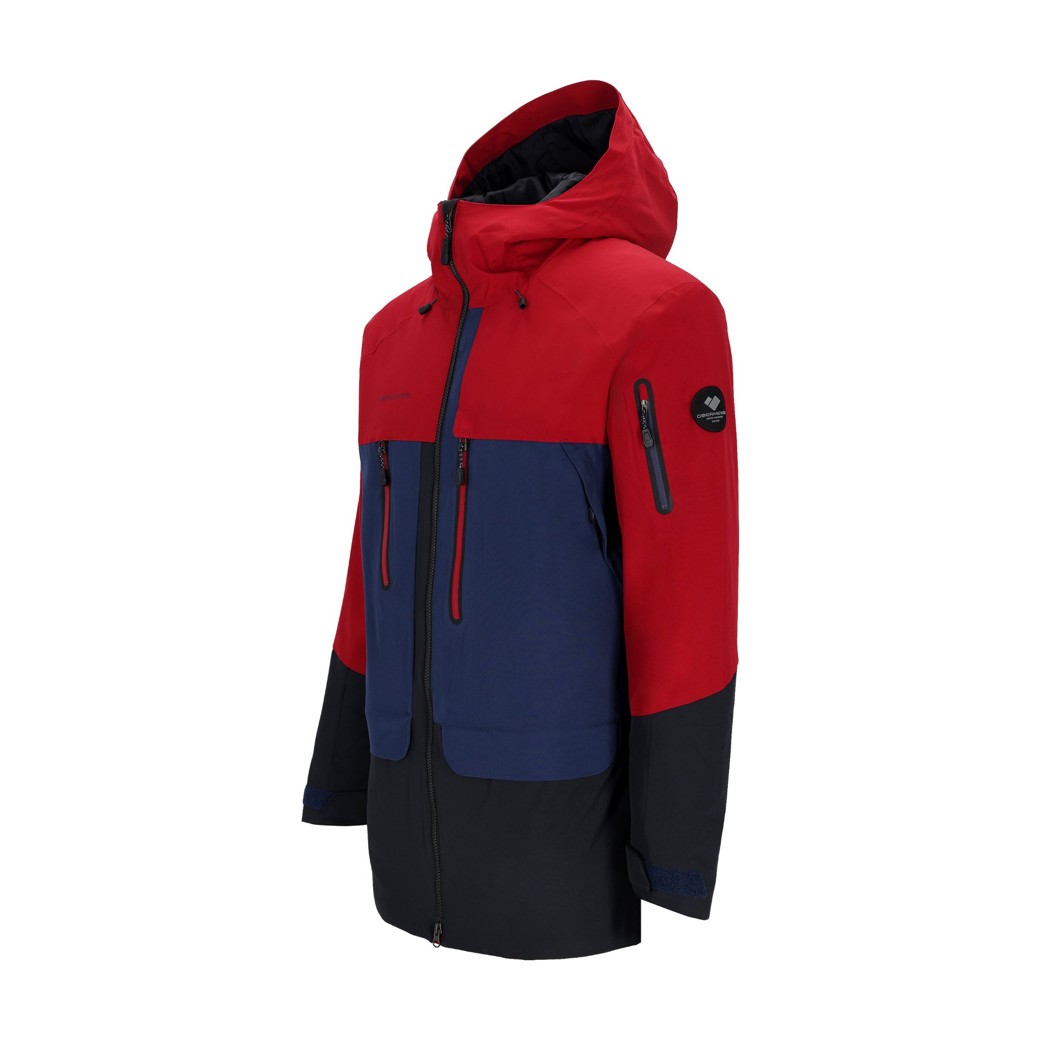 Obermeyer Cirque Jacket 2025 - A red, navy blue and black jacket with a hood, featuring two zippered pockets on the front.