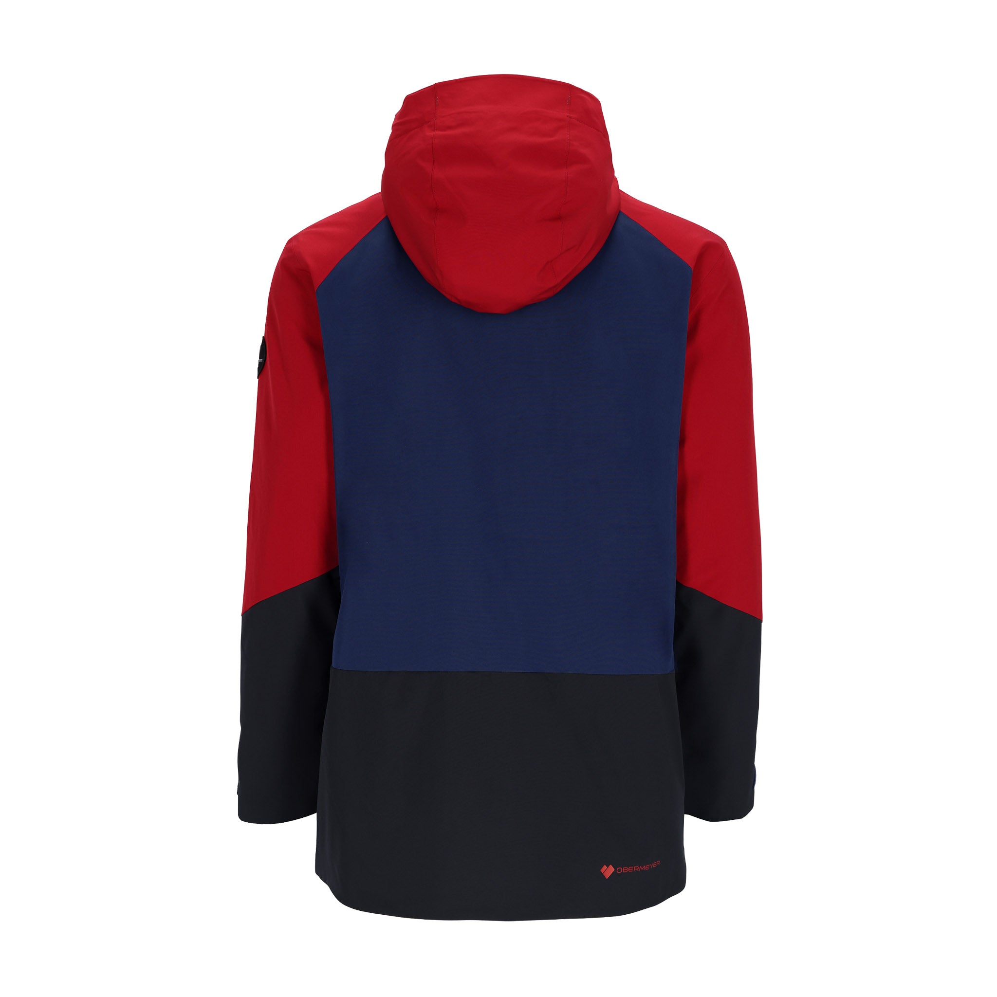 Obermeyer Cirque Jacket 2025 - A navy blue jacket with a red hood and black accents on the sleeves.