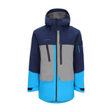 Obermeyer Cirque Jacket 2025 - A navy blue, gray, and light blue ski jacket with a hood, featuring two zippered pockets on the front.