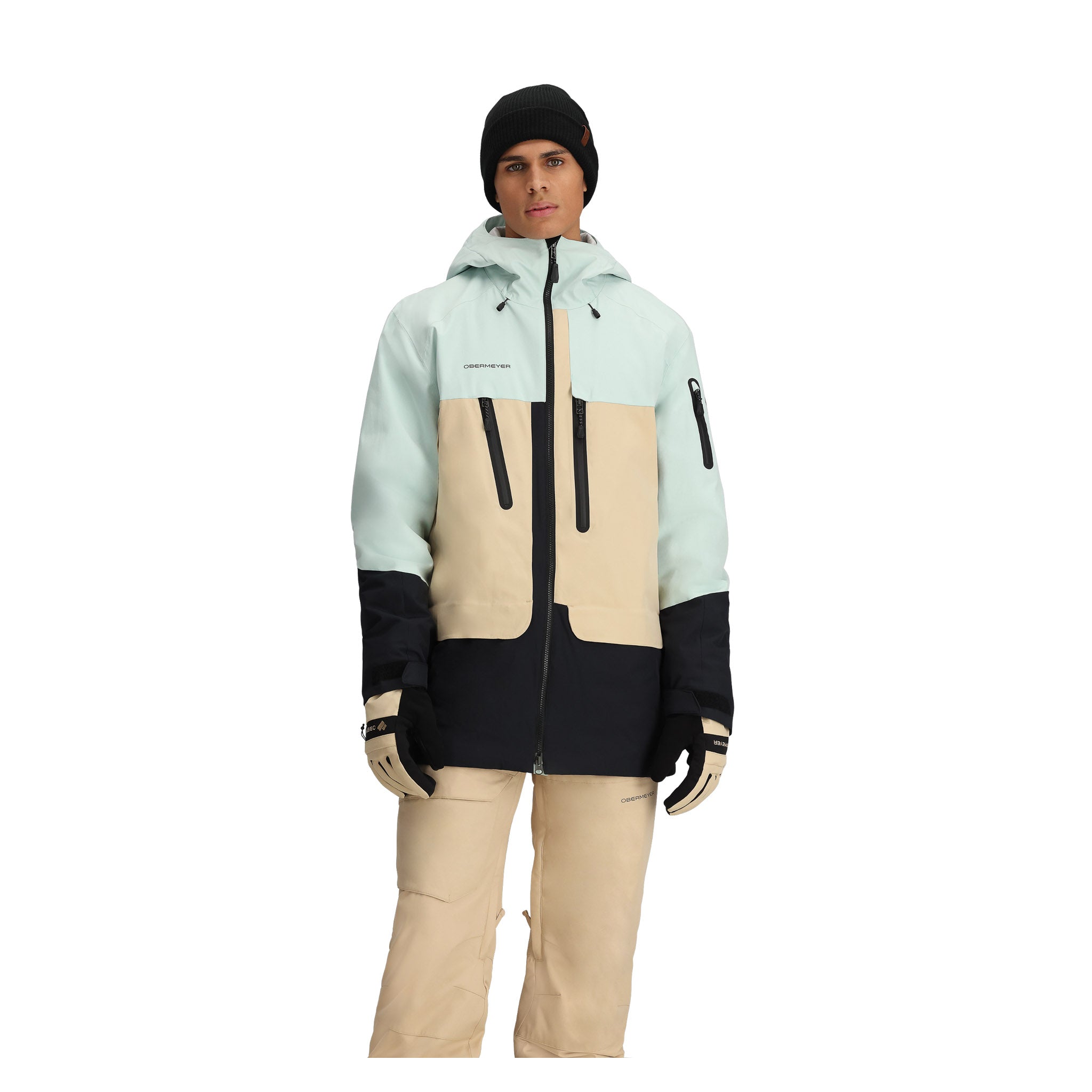 Obermeyer Cirque Jacket 2025 - A light blue jacket with a black zipper and two zippered pockets on either side.