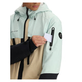Obermeyer Cirque Jacket 2025 - A light blue jacket with a hood and black zipper, featuring a logo on the left chest area.