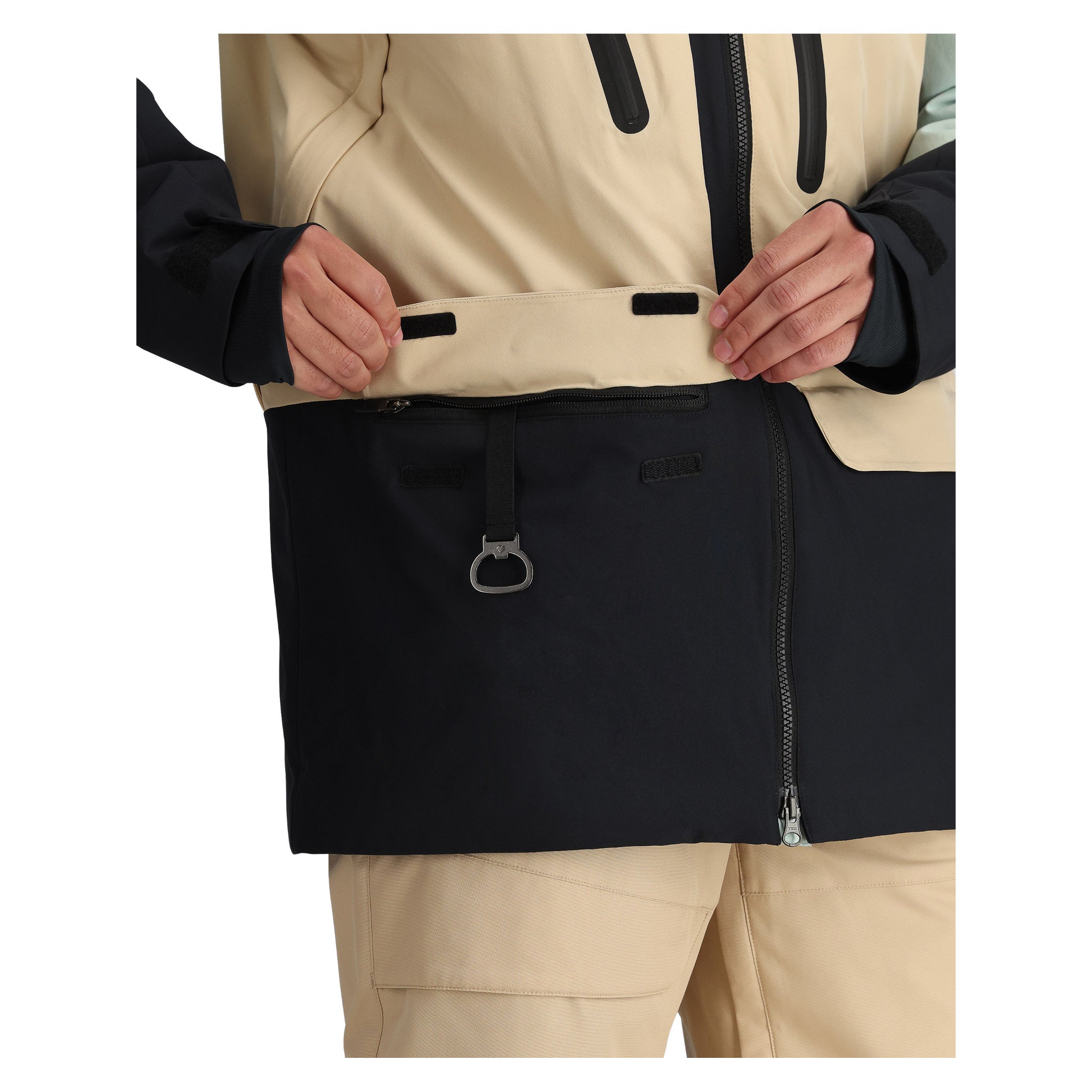 Obermeyer Cirque Jacket 2025 - A cream-colored jacket with black accents and a zippered front.