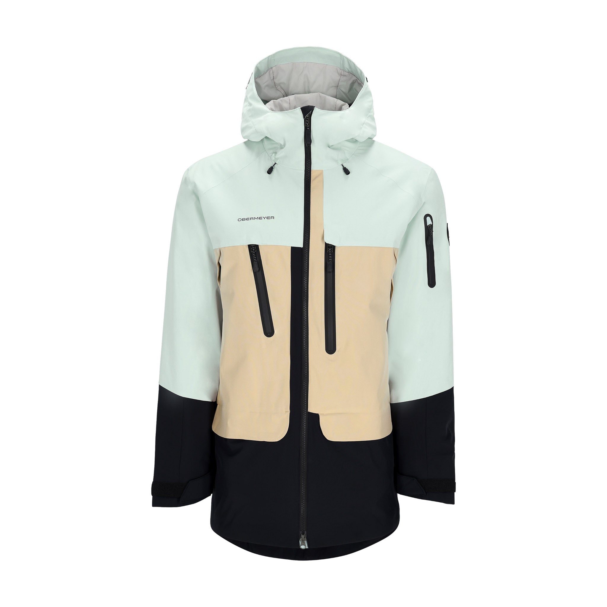 Obermeyer Cirque Jacket 2025 - A light blue jacket with a darker blue stripe on the sleeve and a white logo on the chest.