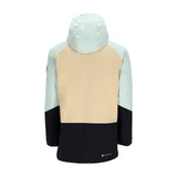 Obermeyer Cirque Jacket 2025 - A black, cream-colored, and light blue jacket with a hood, featuring a zippered front and two pockets on either side.