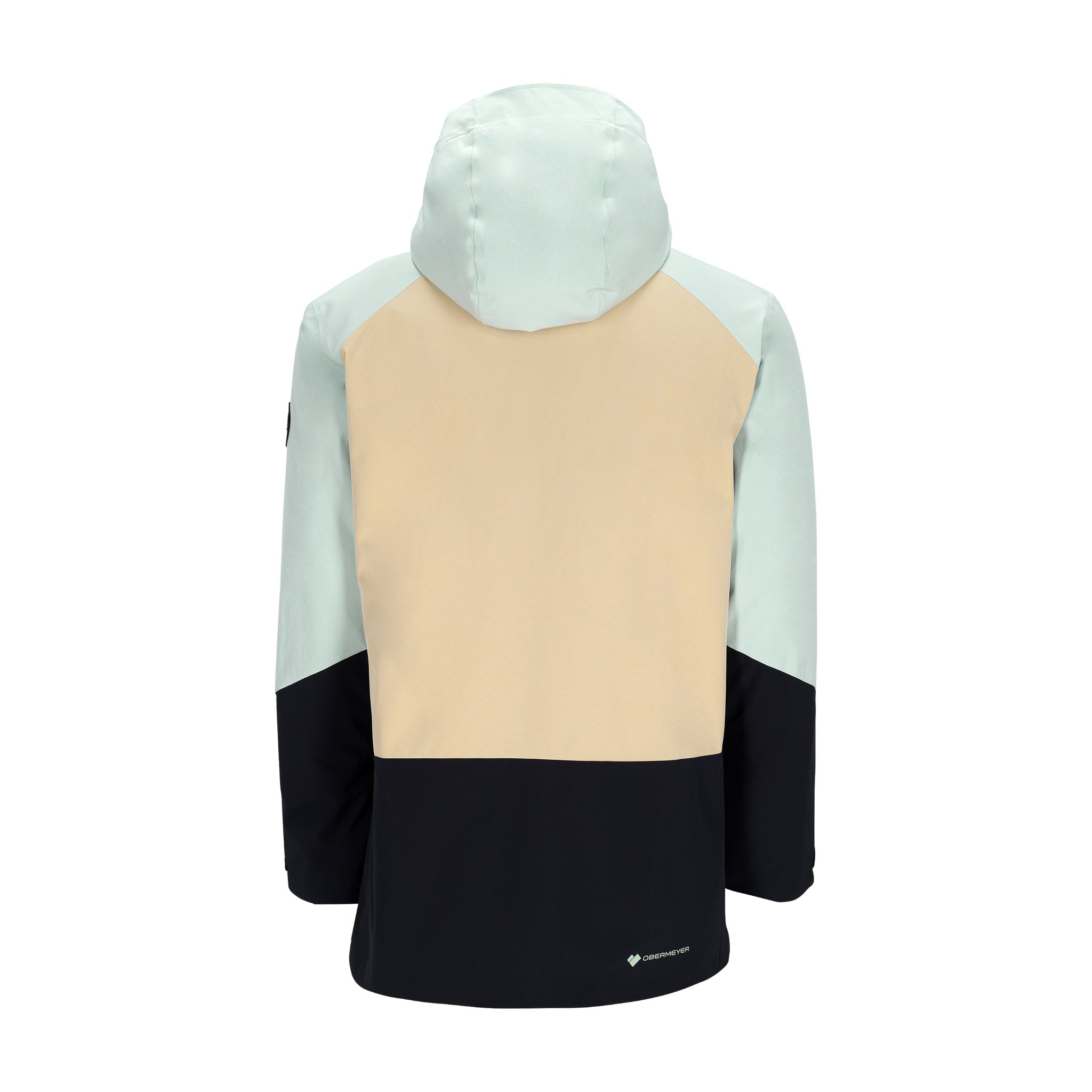 Obermeyer Cirque Jacket 2025 - A black, cream-colored, and light blue jacket with a hood, featuring a zippered front and two pockets on either side.