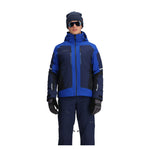 Obermeyer Charger Insulated Jacket - A blue insulated jacket with a hood, featuring two zippered pockets on the front and a zipper running down the middle.