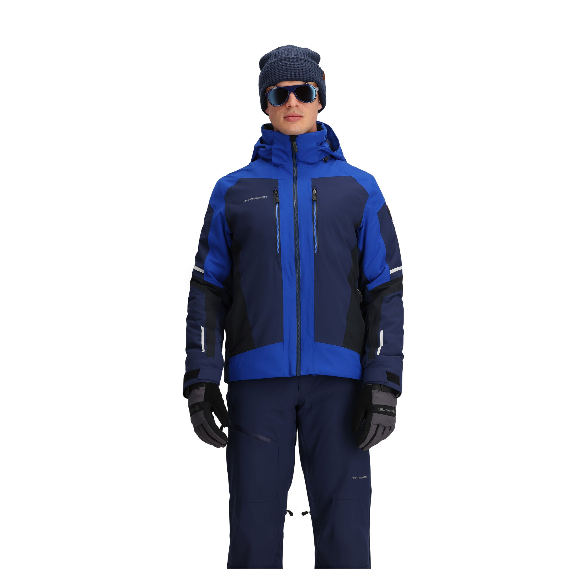 Obermeyer Charger Insulated Jacket - A blue insulated jacket with a hood, featuring two zippered pockets on the front and a zipper running down the middle.